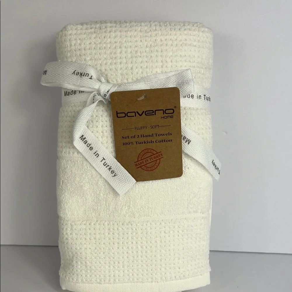 Baveno Home Bath Hand Towels Off White Turkish Cotton Waffle Set of 2 NEW